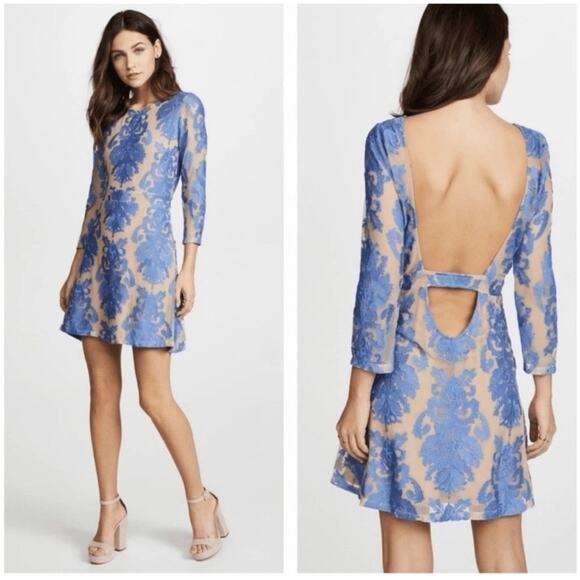 For Love and Lemons San Marcos Mini Dress Blue Lace Fit N Flare 3/4 Sleeve Sz S - Picture 1 of 13